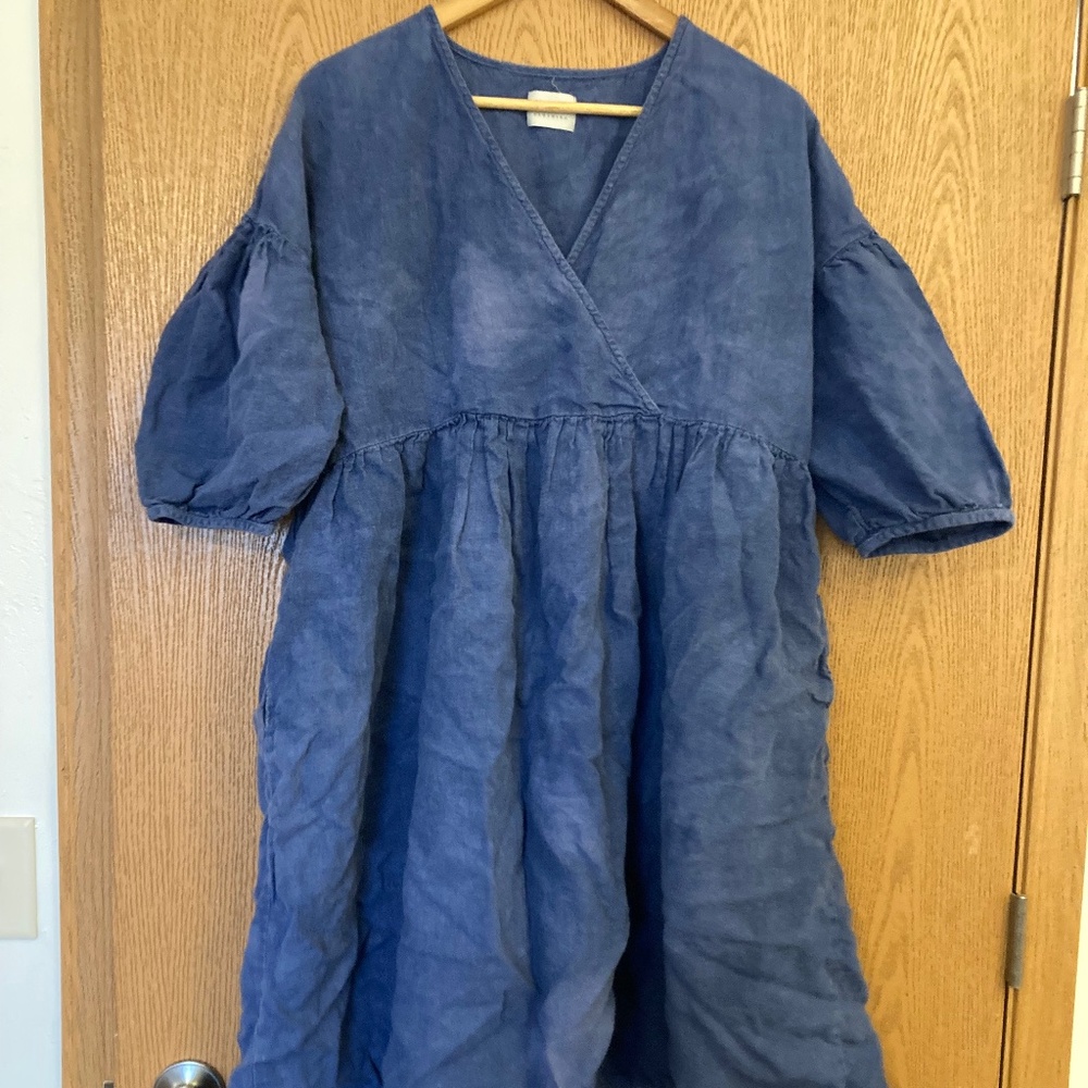 OffOn Blue Linen Vneck Dress